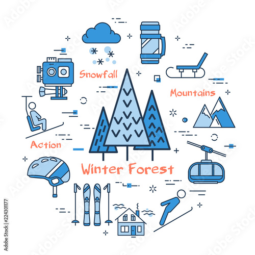 Vector linear blue round concept of Winter forest