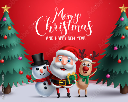 Christmas vector characters like santa claus, reindeer and snowman holding gift with merry christmas greeting and tree in a red background. Vector illustration.

