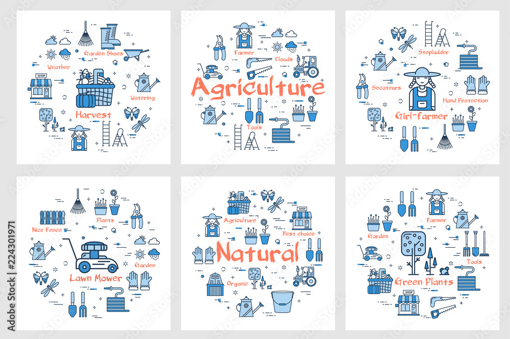 Six banners of farming and agriculture concept - obrazy, fototapety, plakaty 
