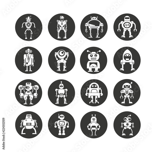 robot icon set in circle buttons