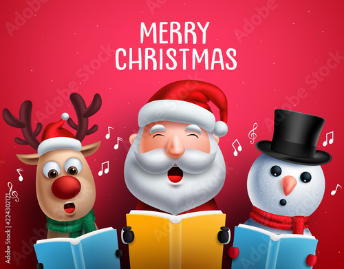 Christmas vector characters like santa claus, reindeer and snowman singing christmas carols holding song book for carolling in red background. Vector illustration.
