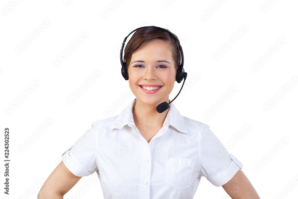 Young Woman in Headset as Support Phone Operator Young Woman in Headset as Support Phone Operator