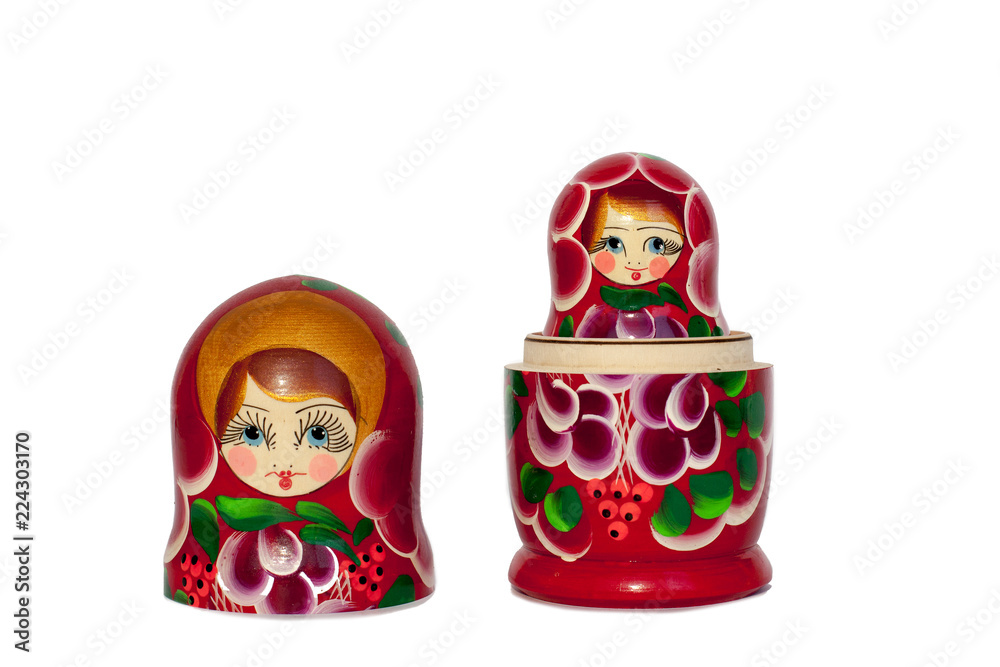 Matreshka Russian doll souvenirflowers pattern bright red on white background isolated closeup