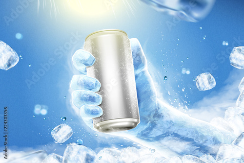 Ice hand grabbing an aluminum can