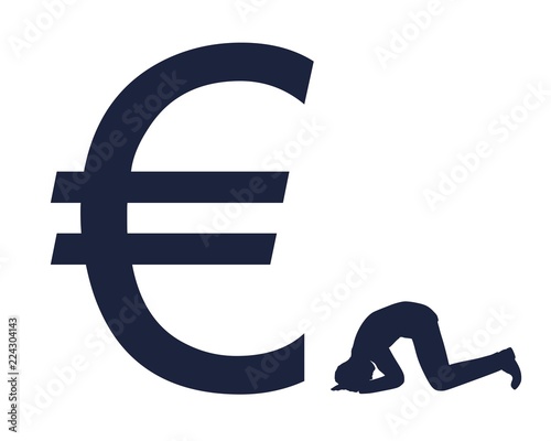 Silhouette of man in prayer pose. Man and symbol of euro currency