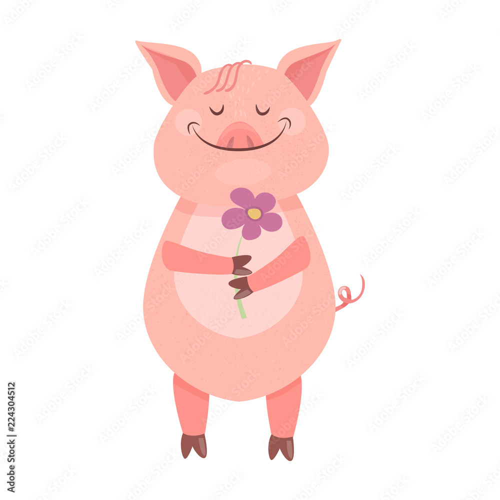 Funny Piggy symbol 2019 new year. A pig stands and holds a flower in his hands