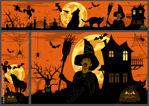 Halloween Background and Banners - Colored Illustration with Black Silhouetted Scary Elements, Vector