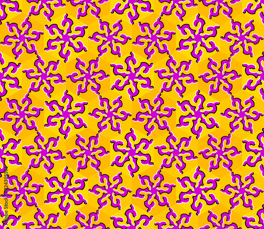 Colorful background with snowflakes. Spin illusion. Seamless pattern.