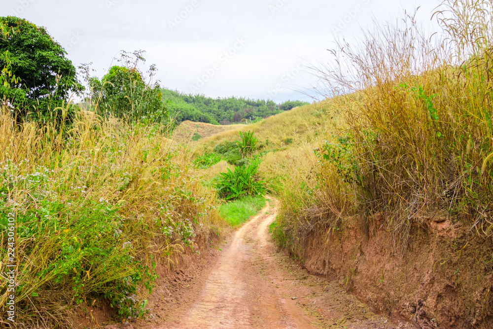 Driving a car on mountain curve road.