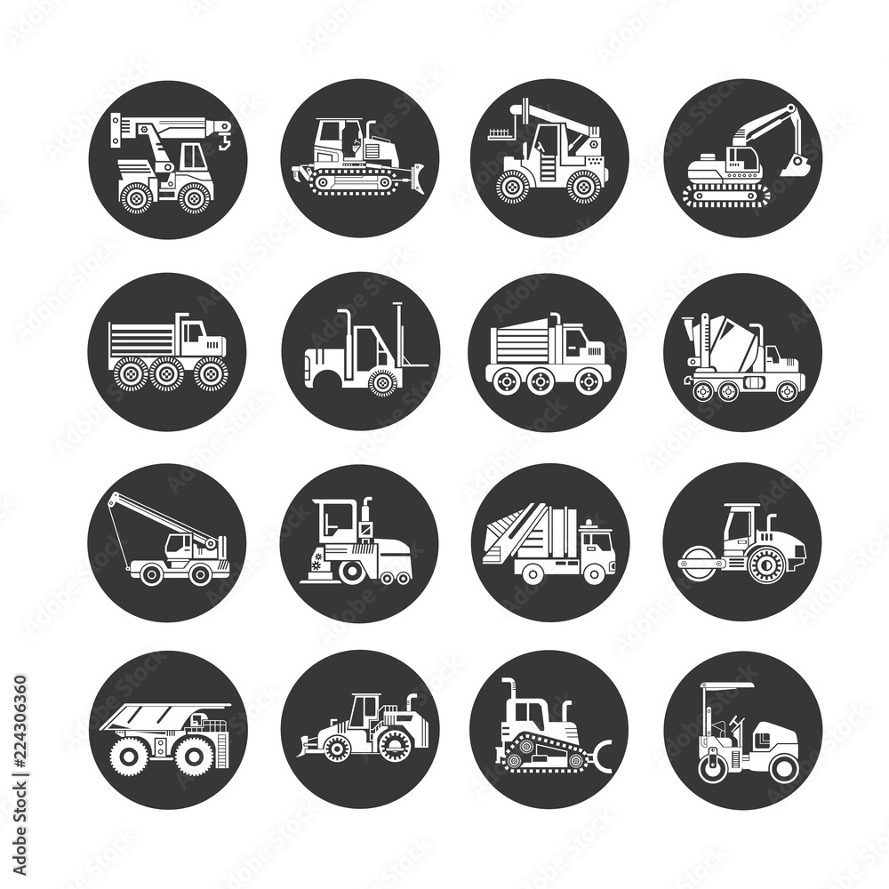 construction equipment icon set in circle button