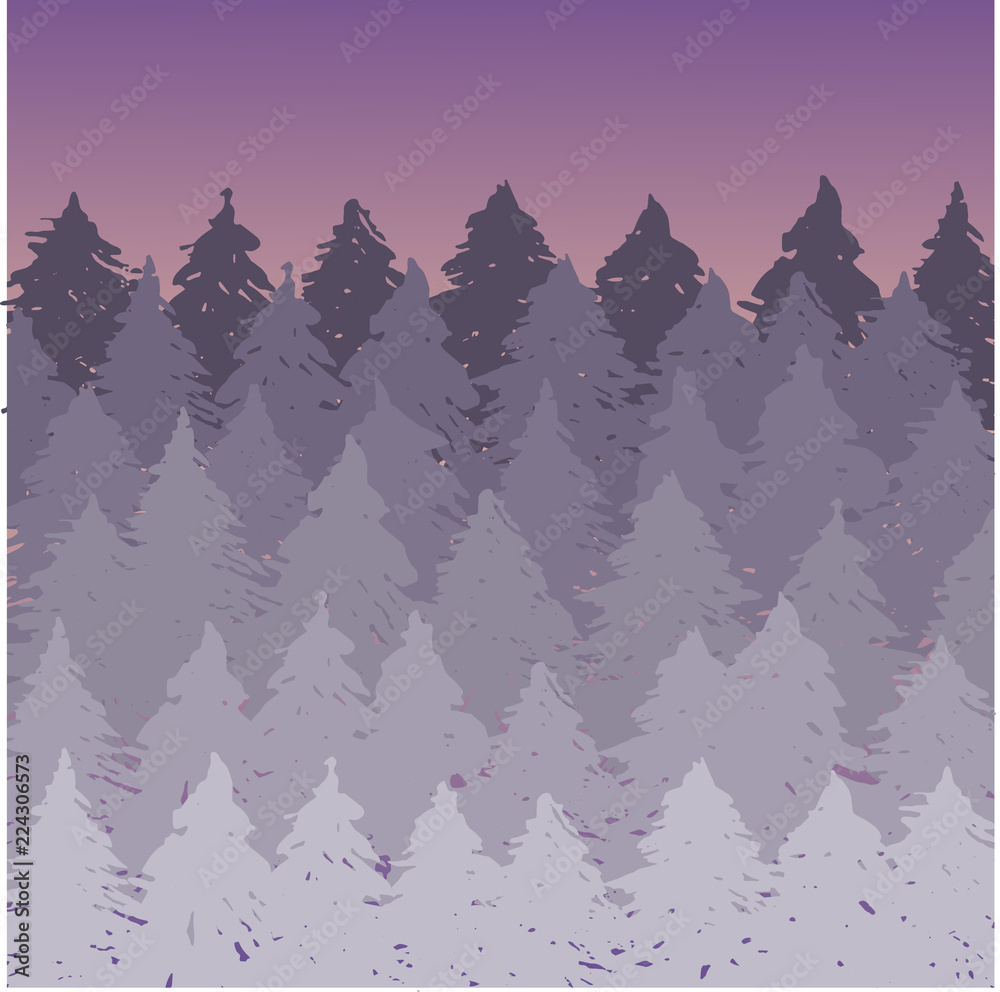 Fototapeta premium Vector misty spruce forest landscape. Brush silhouettes of coniferous trees. Vector violet illustration.