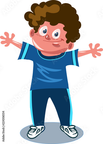 boy standing and raising his arms to both sides, cartoon style vector illustration