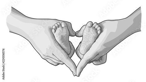 Line art sketch of baby feet in mother hands