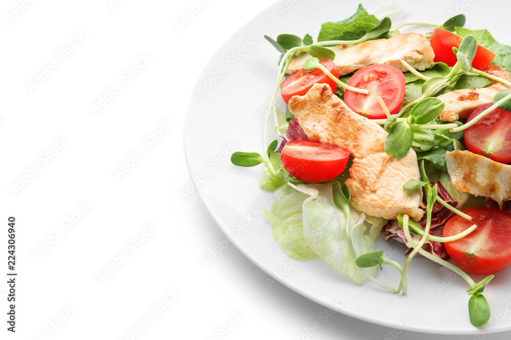 Plate with delicious chicken salad on white background Plate with delicious chicken salad on white background