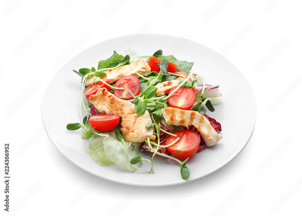 Plate with delicious chicken salad on white background Plate with delicious chicken salad on white background