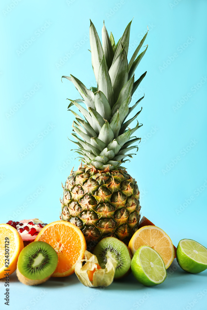 Various delicious exotic fruits on color background Various delicious exotic fruits on color background