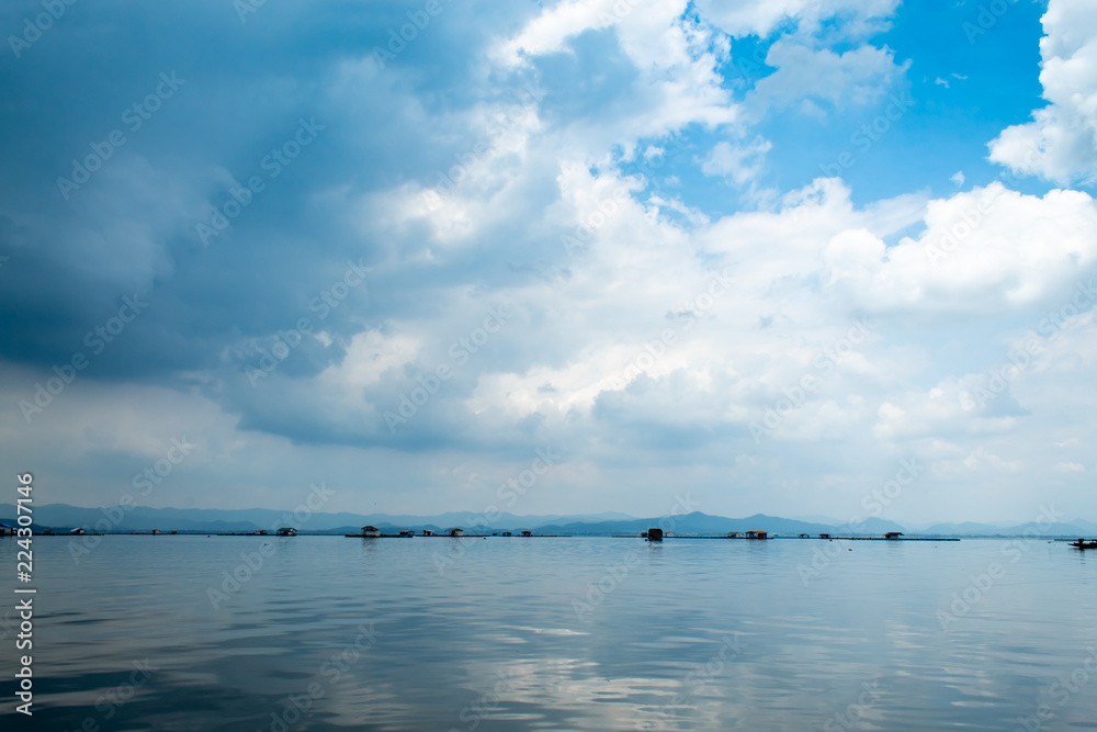 The raft floating fish farming and sky in Krasiew dam ,Supanburi Thailand.