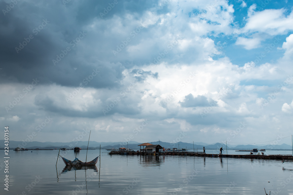 The raft floating fish farming and sky in Krasiew dam ,Supanburi Thailand.