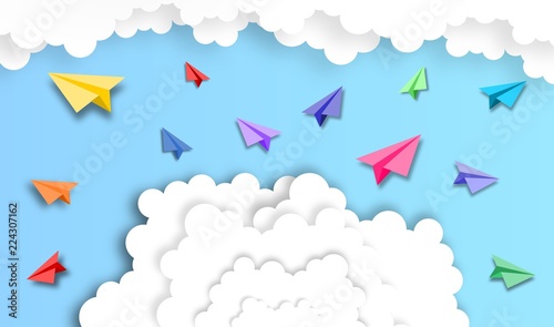abstract cloud with paper plane background, vector ,illustration, paper art style