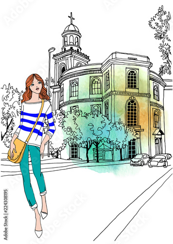 Urban landscape of the old European city and pretty girl with bag Old street in hand drawn line sketch style on white photo