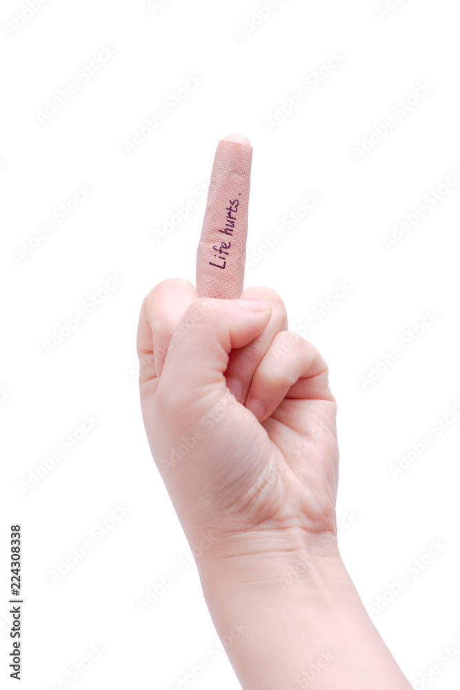 A bandage on middle finger with hand writing "Life hurts". Stock-Foto |  Adobe Stock