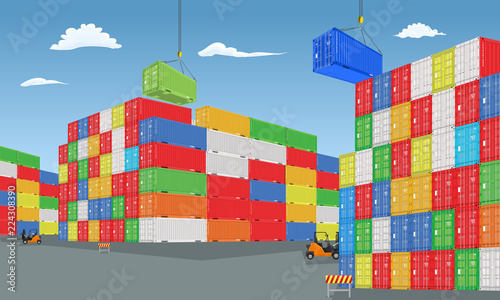 Stack of colorful cargo containers with perspective view. Different colors. Vector illustration.