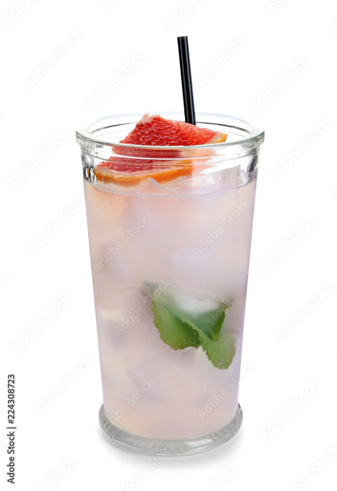 Glass of refreshing grapefruit lemonade on white background Glass of refreshing grapefruit lemonade on white background