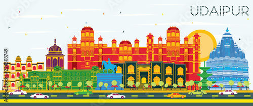 Udaipur India City Skyline with Color Buildings and Blue Sky.