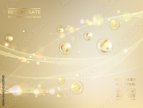 Science illustration of a cream molecule. Regenerate face cream and Vitamin complex concept. Organic cosmetic and skin care cream. Beauty skin care design over golden background. Vector illustration.