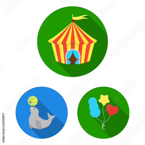 Circus and attributes flat icons in set collection for design. Circus Art vector symbol stock web illustration.