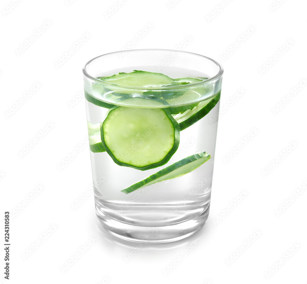 Glass of fresh cucumber water on white background Glass of fresh cucumber water on white background