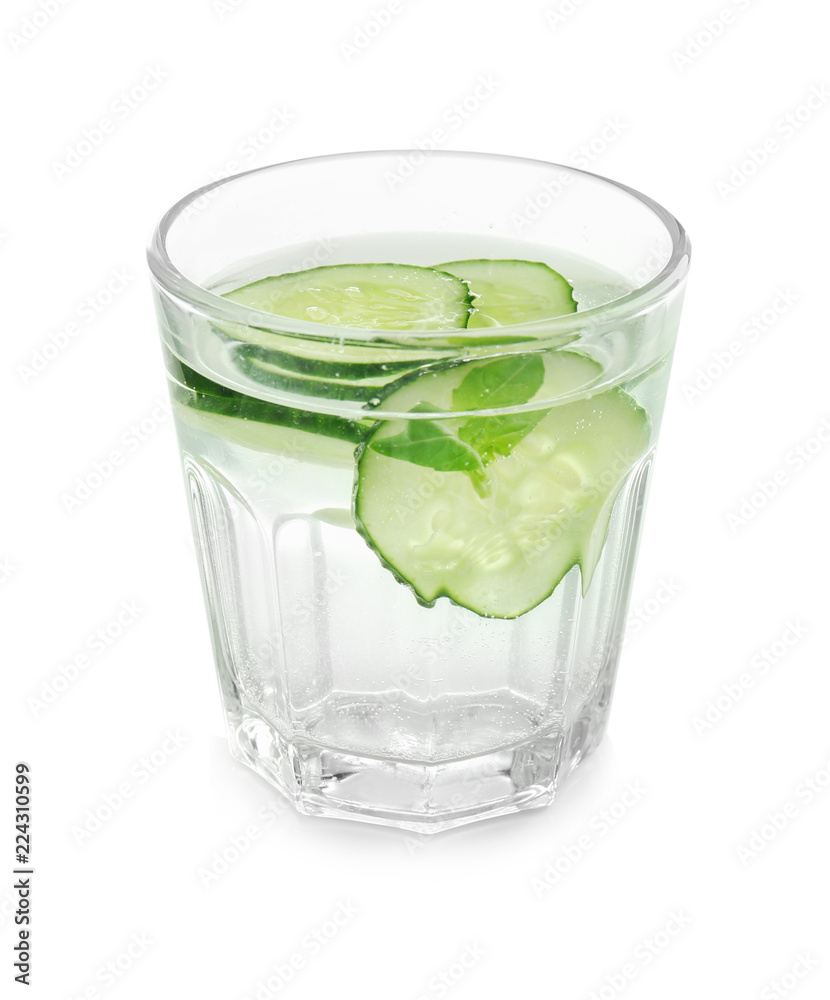 Glass of fresh cucumber water on white background Glass of fresh cucumber water on white background