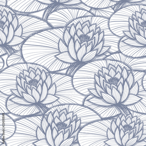 Ink hand drawn lotus seamless pattern coloring page