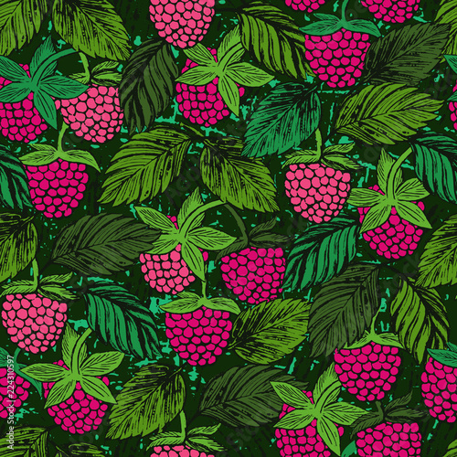 Seamless pattern with raspberries Ink hand drawn berries colored