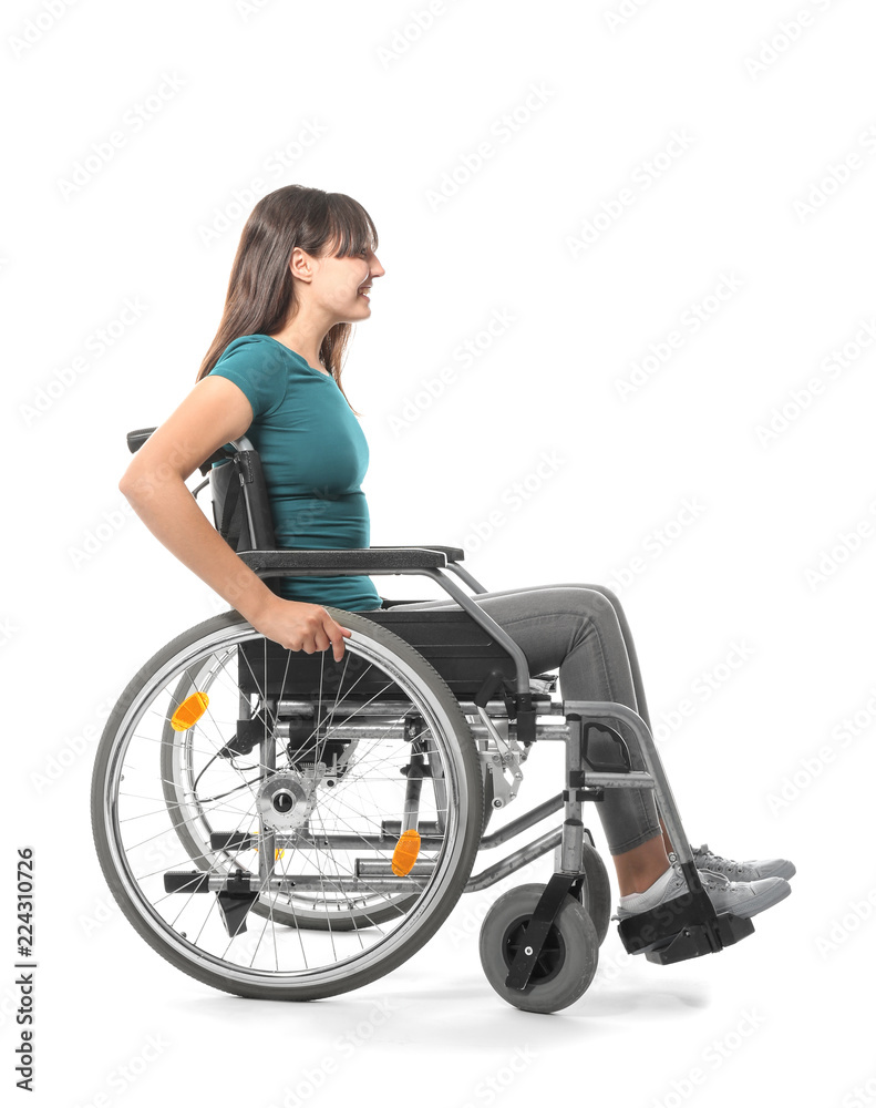 Young woman in wheelchair on white background Young woman in wheelchair on white background