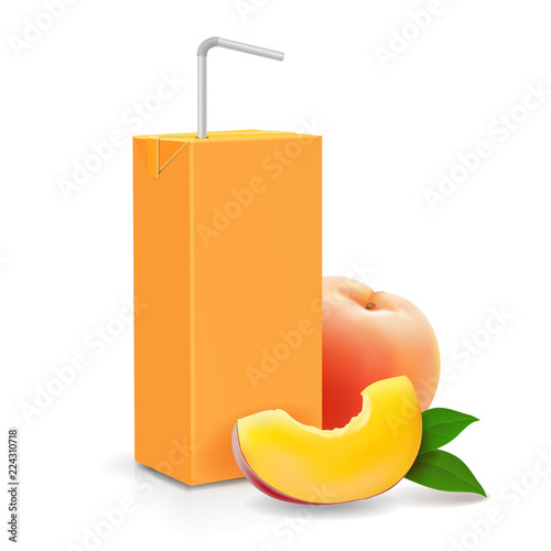 Peach juice carton cardboard box pack with a straw and peach fruit vector illustration