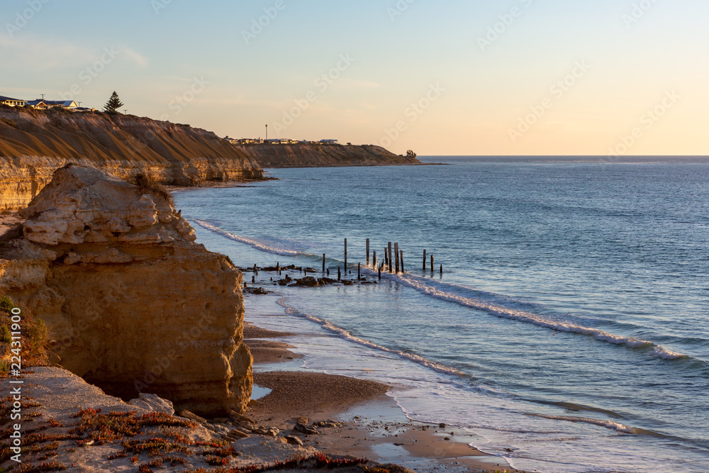 Sunset at the iconic Port Willunga Jetty ruins looking down from the cliff  face in South Australia on 22nd September 2018