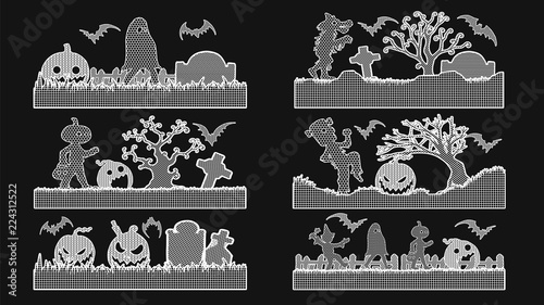 Set of halloween lace vector on black background.Lace pattern silhouette by hand drawing.Trick or treat lace art highly detailed in line art style.