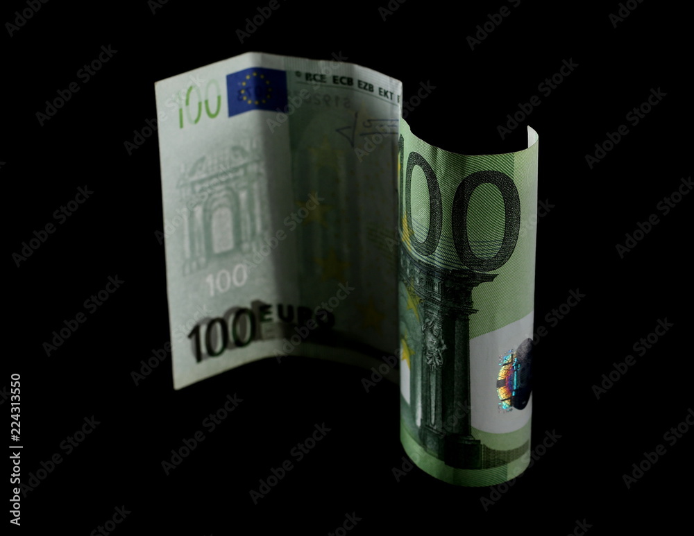 Hundred Euro bill, banknote isolated on black background Hundred Euro bill, banknote isolated on black background