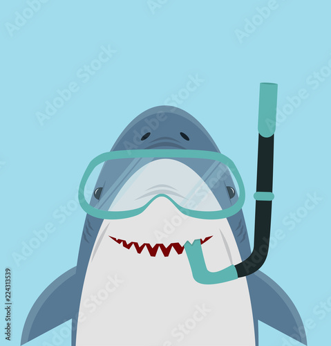 Cute White Shark  with diving equipment