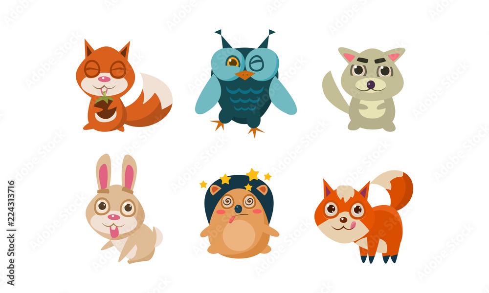 Fototapeta premium Flat vector set of cute cartoon animals. Funny forest creatures squirrel, owl, hare, hedgehog, fox and wolf . Wildlife theme