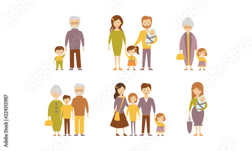 Flat vector set of families. Parents with kids, grandmothers and grandfathers with grandchildren. Cartoon people characters
