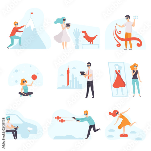 People in virtual reality digital glasses set, young man and woman using optical device for real visualisation and simulation vector Illustration on a white background
