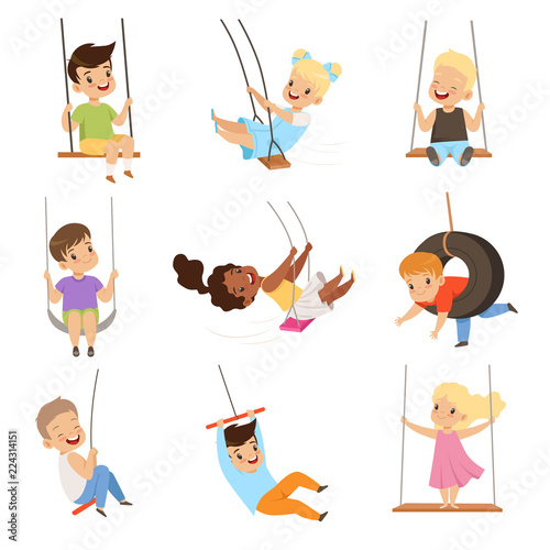 Cute little kids swinging on rope swings, boys and girls having fun outdoor vector Illustration on a white background