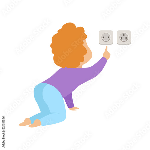 Cute toddler baby touching an electrical socket, kid in dangerous situation vector Illustration on a white background