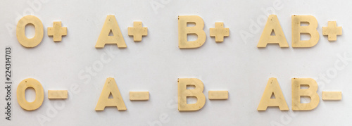 bright plastic blood groups with magnet on white paper