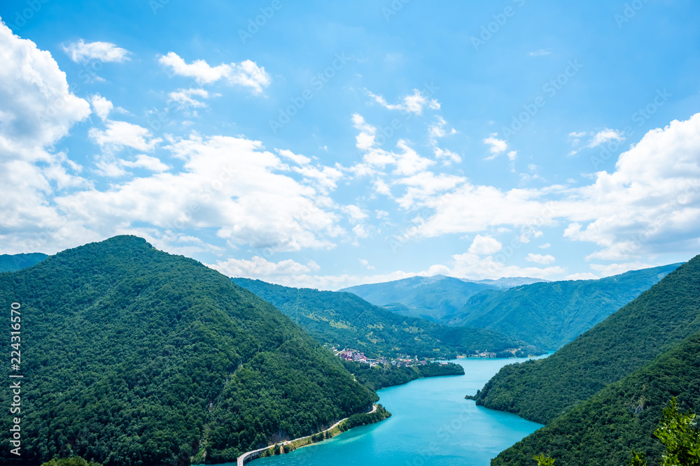Aerial view of beautiful Piva Lake (Pivsko Jezero) and mountains in Montenegro