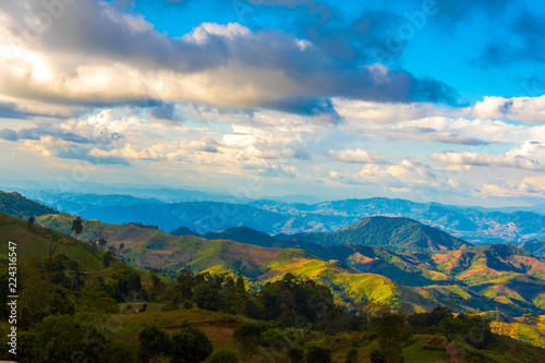 Beautiful landscape view of hill and mountain with cloud sky.