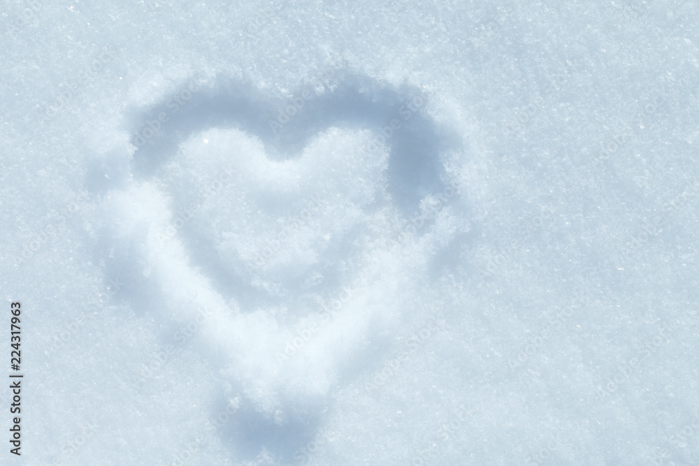 Heart painted on snow, white background with snowflakes texture. 3d drawing with a volumetric depiction for lovers of Valentine's Day.