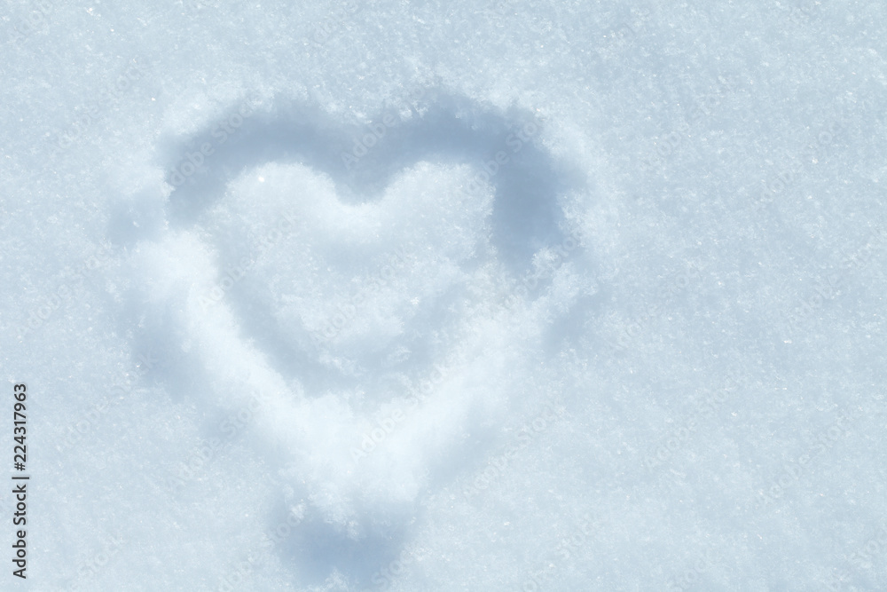 Heart painted on snow, white background with snowflakes texture. 3d drawing with a volumetric depiction for lovers of Valentine's Day. Heart painted on snow, white background with snowflakes texture. 3d drawing with a volumetric depiction for lovers of Valentine's Day.